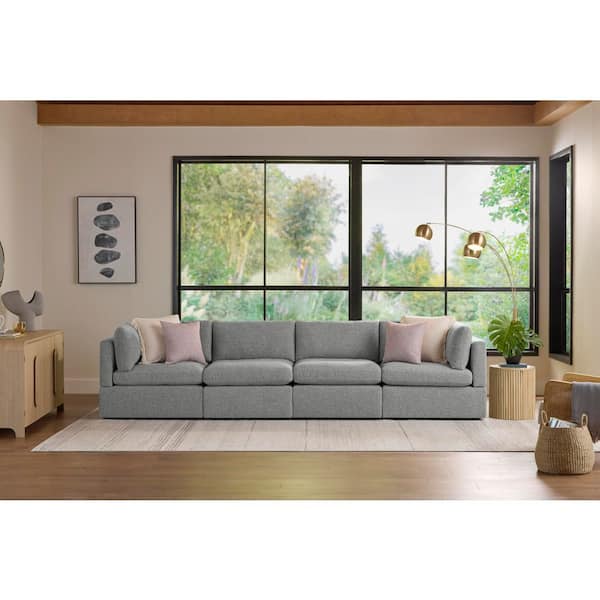 Thorton 136 in. Modular Square Arm Performance Fabric 4-Piece Large Sofa in Grey