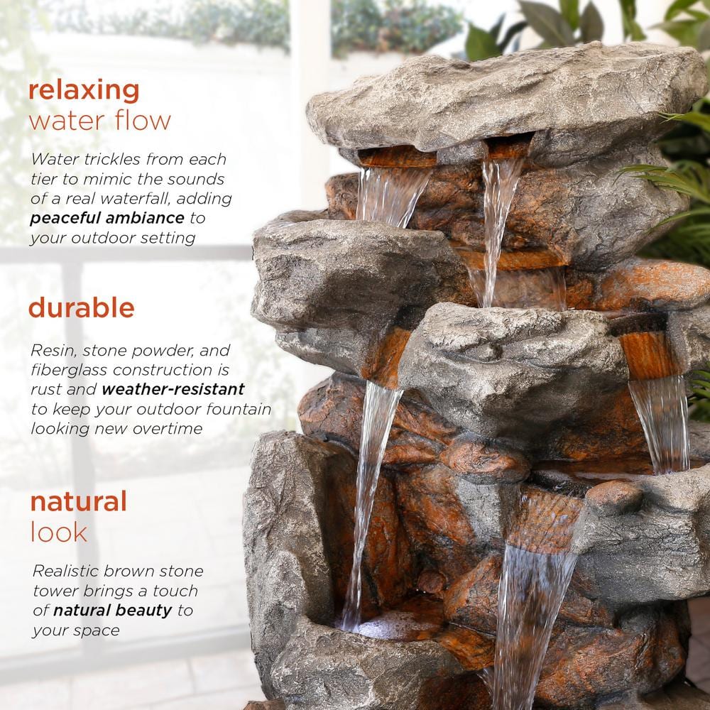 52" Brown Tiered Rock Waterfall Fountain with LED Lights