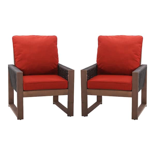 2-Piece Wicker Wooden Frame Patio Lounge Chair with Red Cushion