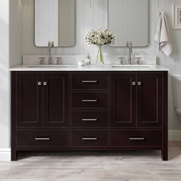 ARIEL Cambridge 61 in. W x 22 in. D x 35.25 in. H Vanity in Espresso with Marble Vanity Top in White with Basin