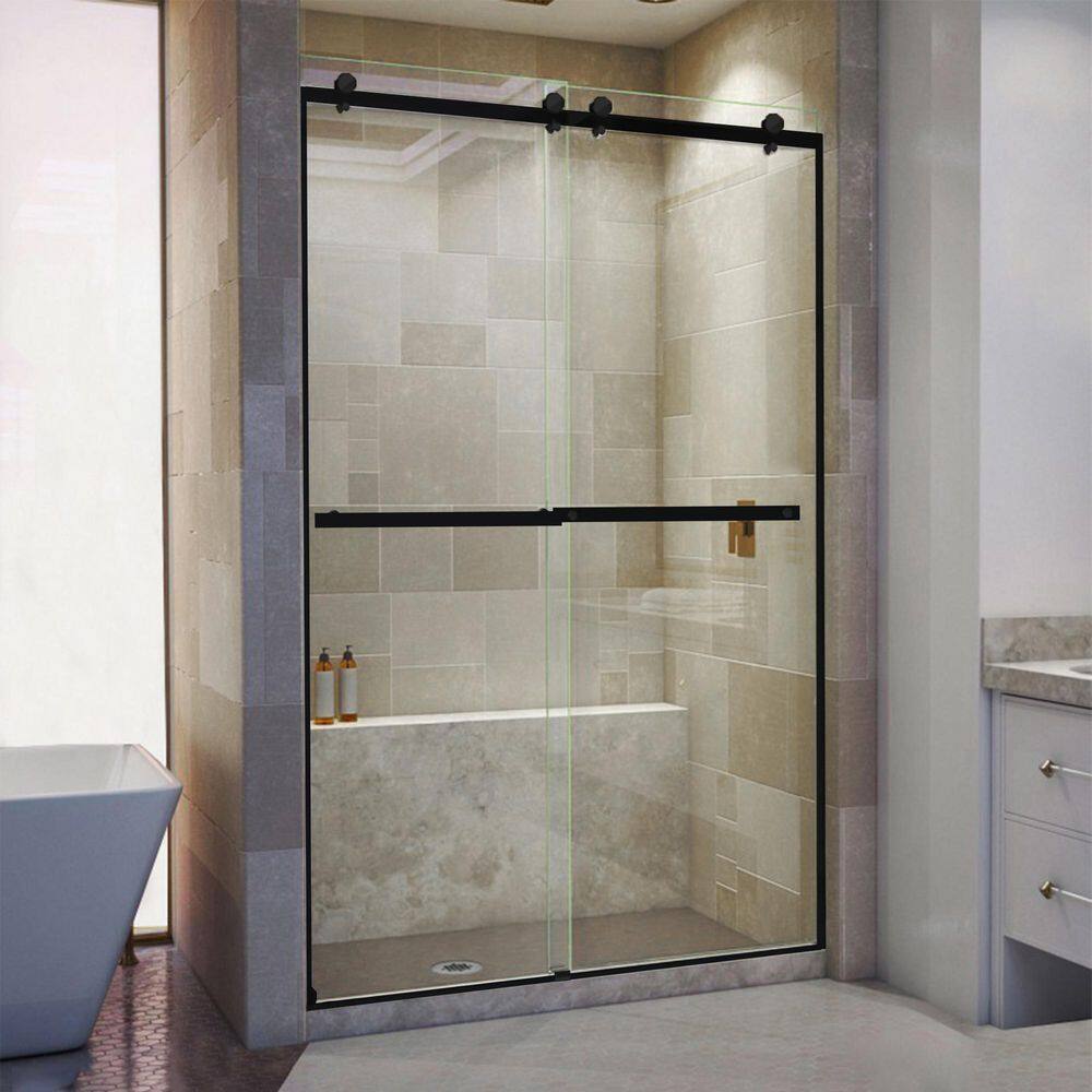 Matte Black Frameless Double Sliding Shower Door with Clear Tempered Glass