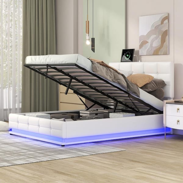 Harper & Bright Designs White Wood Frame Full Size PU Platform Bed with Adjustable Headboard, Hydraulic Storage System, LED Lights and USB Port