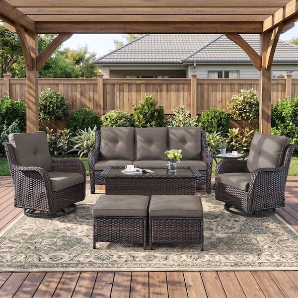 Brown 7-Piece Wicker Patio Conversation Set with Swivel Rockers, Outdoor Sofa Seating Set with Olefin Gray Cushions