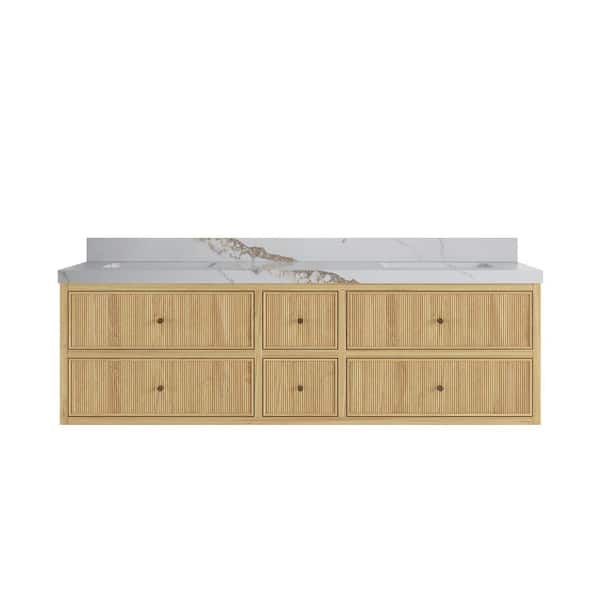 Sonoma Floating 72 in. H Double Sink Freestanding Light Natural Bath Vanity with Calacatta Gold Qt. Top Unassembled