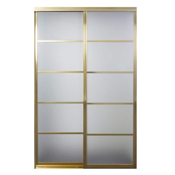 Contractors Wardrobe 96 in. x 81 in. Silhouette 5 Lite Bright Gold Aluminum Frame Mystique Glass Interior Sliding Closet Door