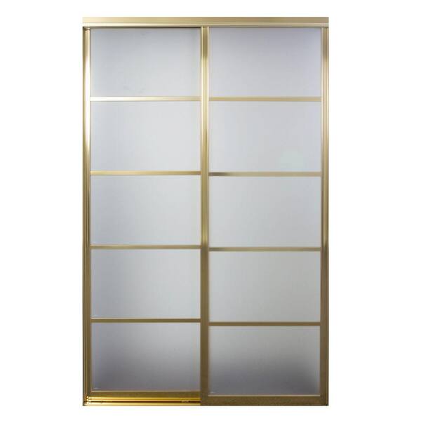 Contractors Wardrobe 96 in. x 96 in. Silhouette 5 Lite Bright Gold Aluminum Frame Mystique Glass Interior Sliding Closet Door