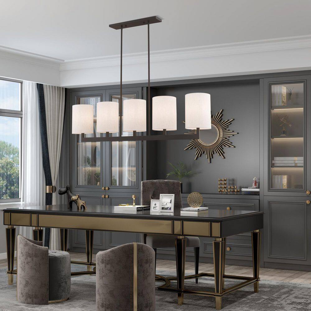 Elegant Bronze Drum 5-Light Linear Chandelier with Oatmeal Shade