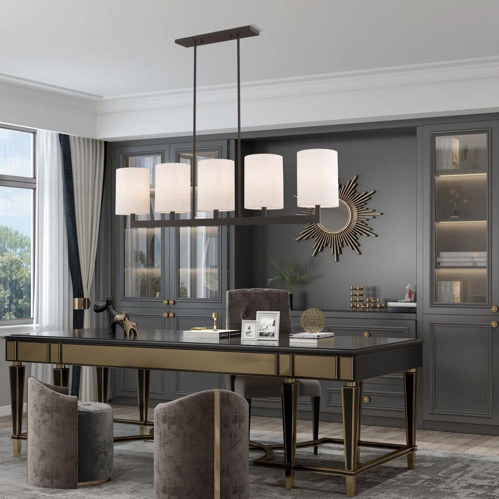 Elegant Bronze Drum 5-Light Linear Chandelier with Oatmeal Shade