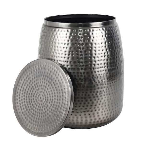 Merida 16.5 in. Antique Nickel Modern Rustic Hammered Round Metal Drum Storage End Table with Lid