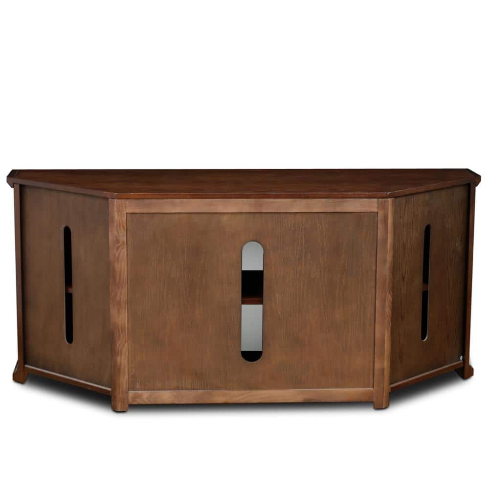 Burnished Oak Corner TV Stand with Blackened Metal Handles