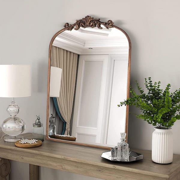 20 in. W x 30 in. H Baroque Carved Antique Gold Arched Framed Wall Bathroom Vanity Mirror
