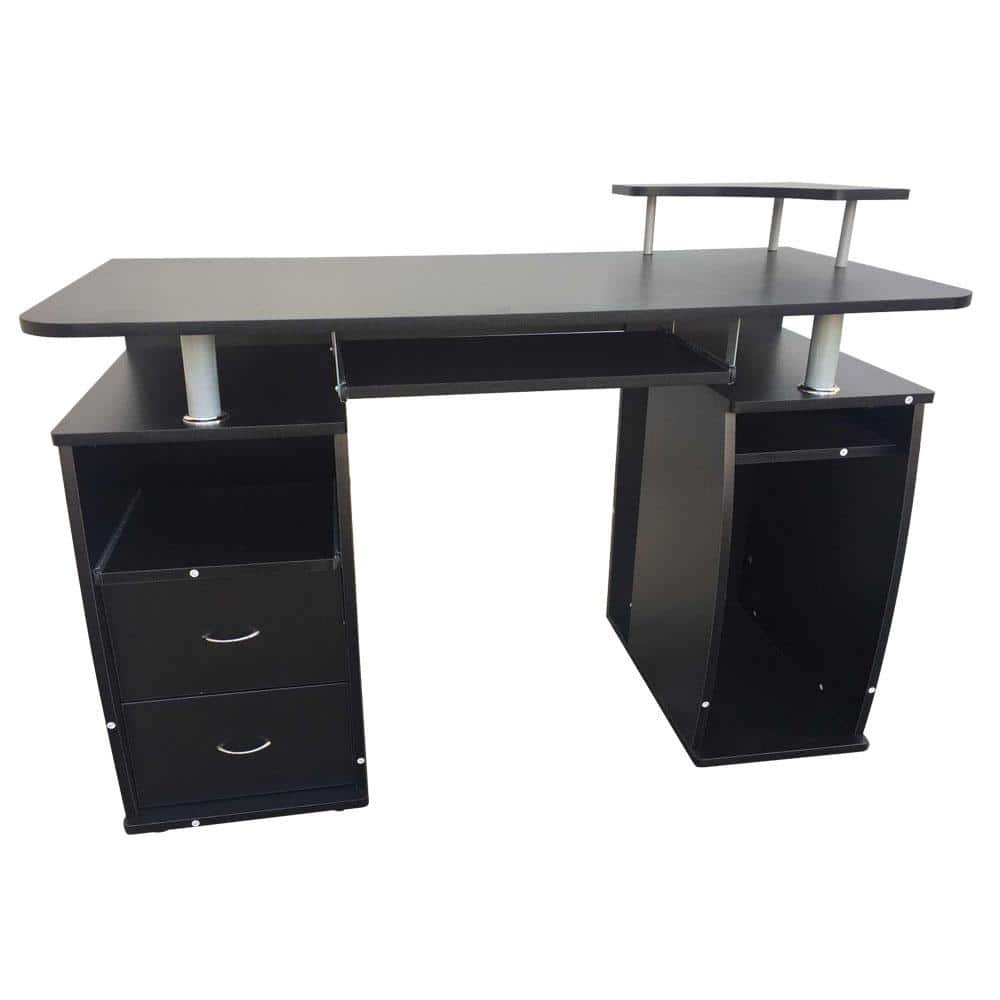 45 in. W Retangular Black Wood Two Drawer Computer Desk with Shelving