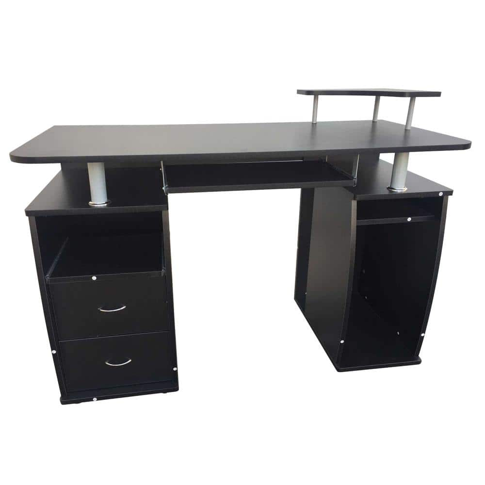 Modern Solid Wood Computer Desks Office Table with PC Droller Storage Shelves and File Cabinet Small Study Writing Desk - Black