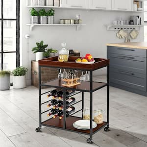 3 Tier Storage Kitchen Trolley Utility Bar Serving Cart w/Wine Rack & Glass Holder Brown