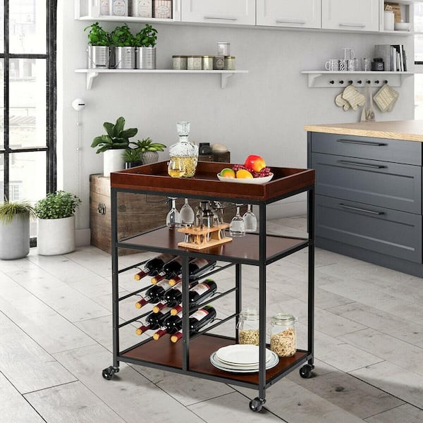 3 Tier Storage Kitchen Trolley Utility Bar Serving Cart w/Wine Rack & Glass Holder Brown