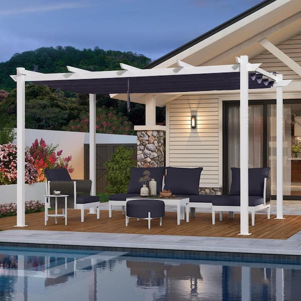 PURPLE LEAF 10 ft. x 13 ft. White Aluminum Frame Patio Pergola Gazebo with Navy Blue Retractable Sunshade Canopy and Extra Top Roof