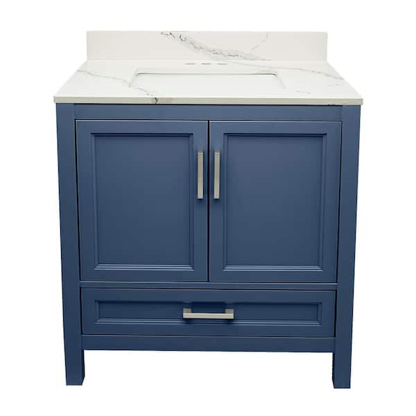 Ella Nevado 31 in. W x 22 in. D x 36 in. H Bath Vanity in Navy Blue with Quartz Stone Calacatta White Top with White Basin