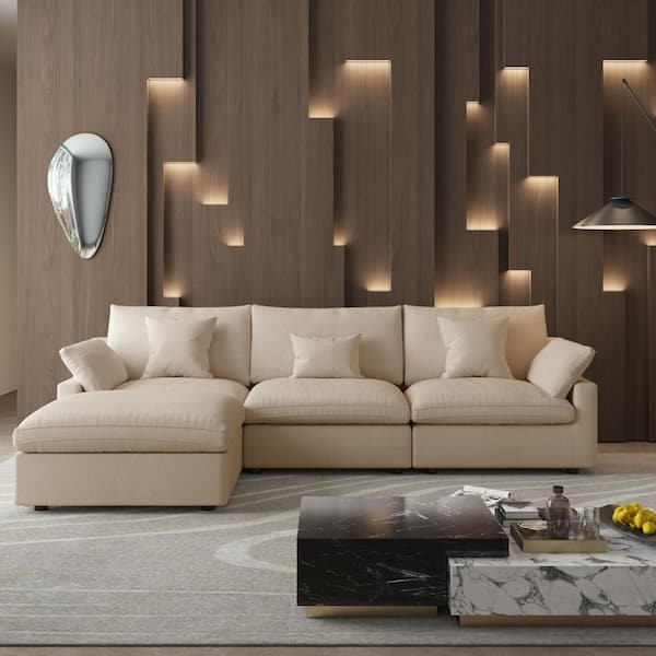 J&E Home 4-Piece Linen L Shaped Sectional Sofa Living Room Set Modular Free Combination Couch Brown with Storage Ottoman