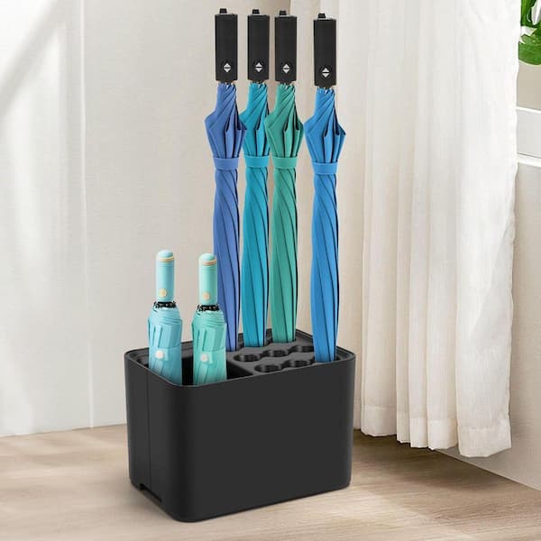Space Saving Black ABS Umbrella Stand with Drip Tray for Entryway