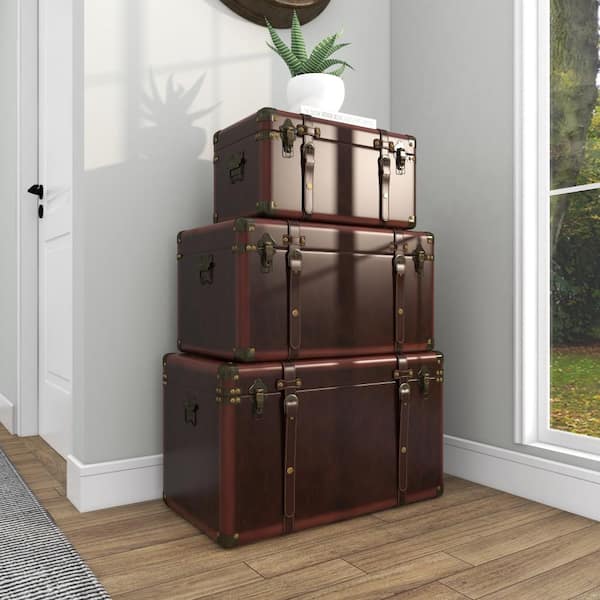 Litton Lane Brown Leather Traditional Trunk (Set of 3)