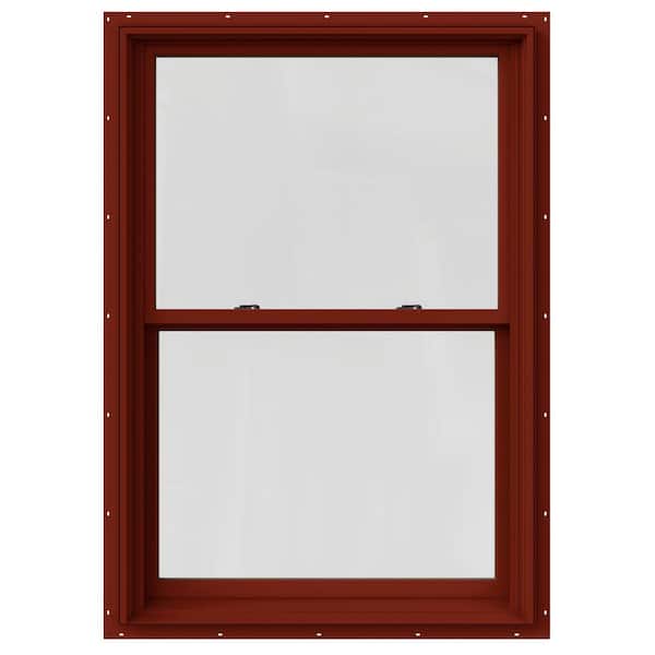 JELD-WEN 33.375 in. x 60 in. W-2500 Series Red Painted Clad Wood Double Hung Window w/ Natural Interior and Screen