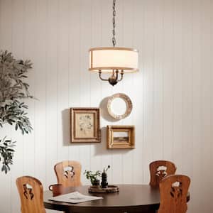 Heddle 15.5 in. 3-Light Anvil Iron and Beech Vintage Shaded Drum Chandelier for Dining Room