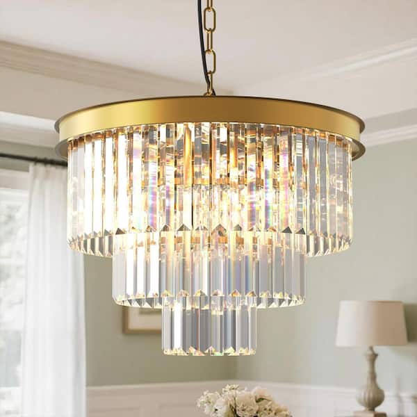 20 in. 6-Light Gold Modern Crystal Chandelier, 3-Tier Pendant Light Fixture, Ceiling Lamp for Bedroom or Dining Area