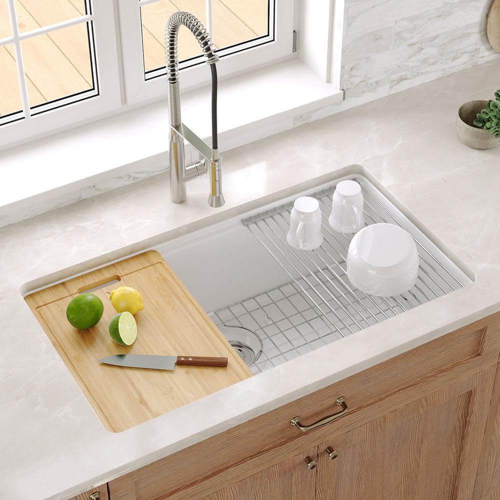 White Fireclay Farmhouse Drop-In Kitchen Sink with Accessories