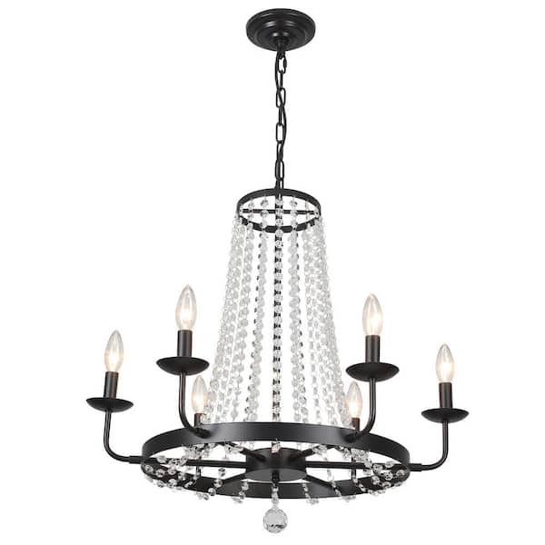 Kazu555✨ LWYTJO 6-Light 25.59 in. Black Crystal Round Wagon Wheel