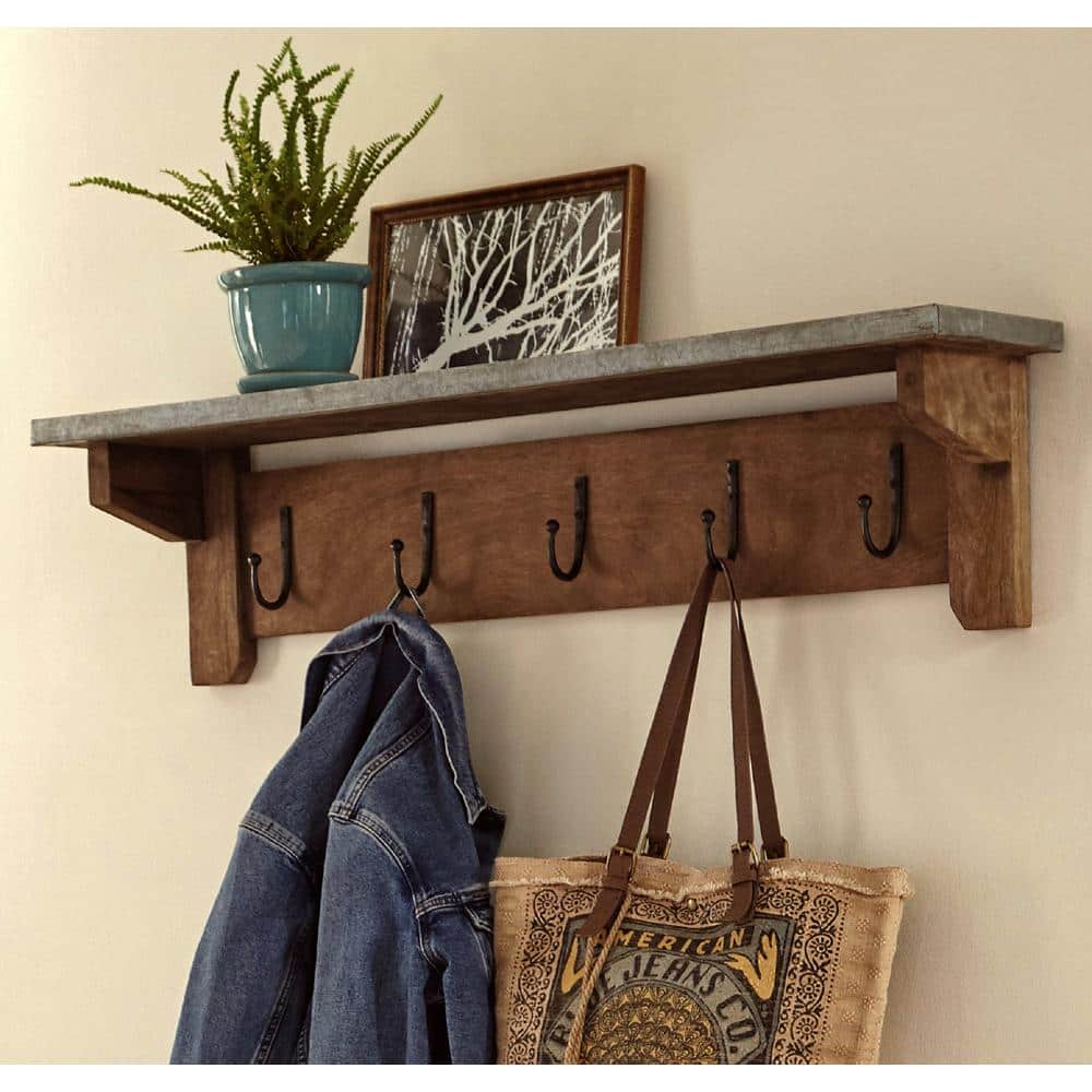 Millwork 40" Medium Wood and Zinc Hook Shelf