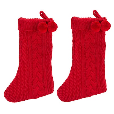 19 in. Red Knitted Cotton Nutmeg Christmas Stocking with Pom Pom Tassels (2-Pack)