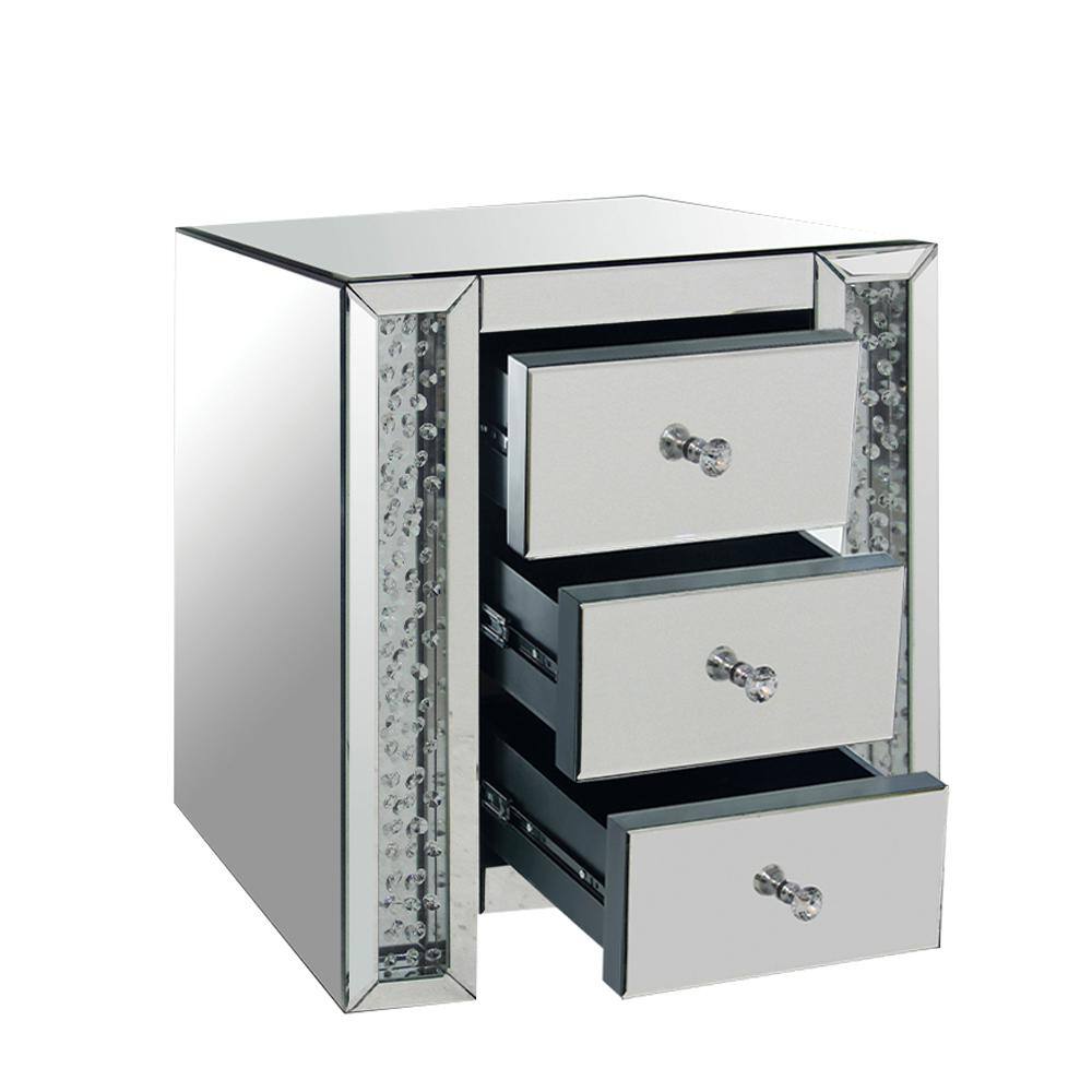 Round Mirrored Wood and Glass Accent Table with Storage