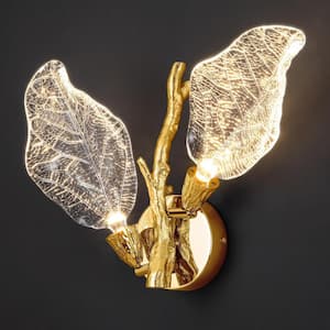 2-Light Gold Bionic Leaf Wall Sconce, LED Vanity Lighting Fixtures for Bathroom Hallway, Living Room, Stairs