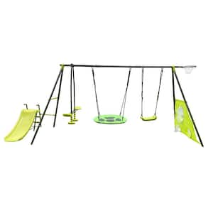 6-in-1 Green Metal Outdoor Swing Set with Swing Seats, Glider, Basketball Hoop, Soccer Net