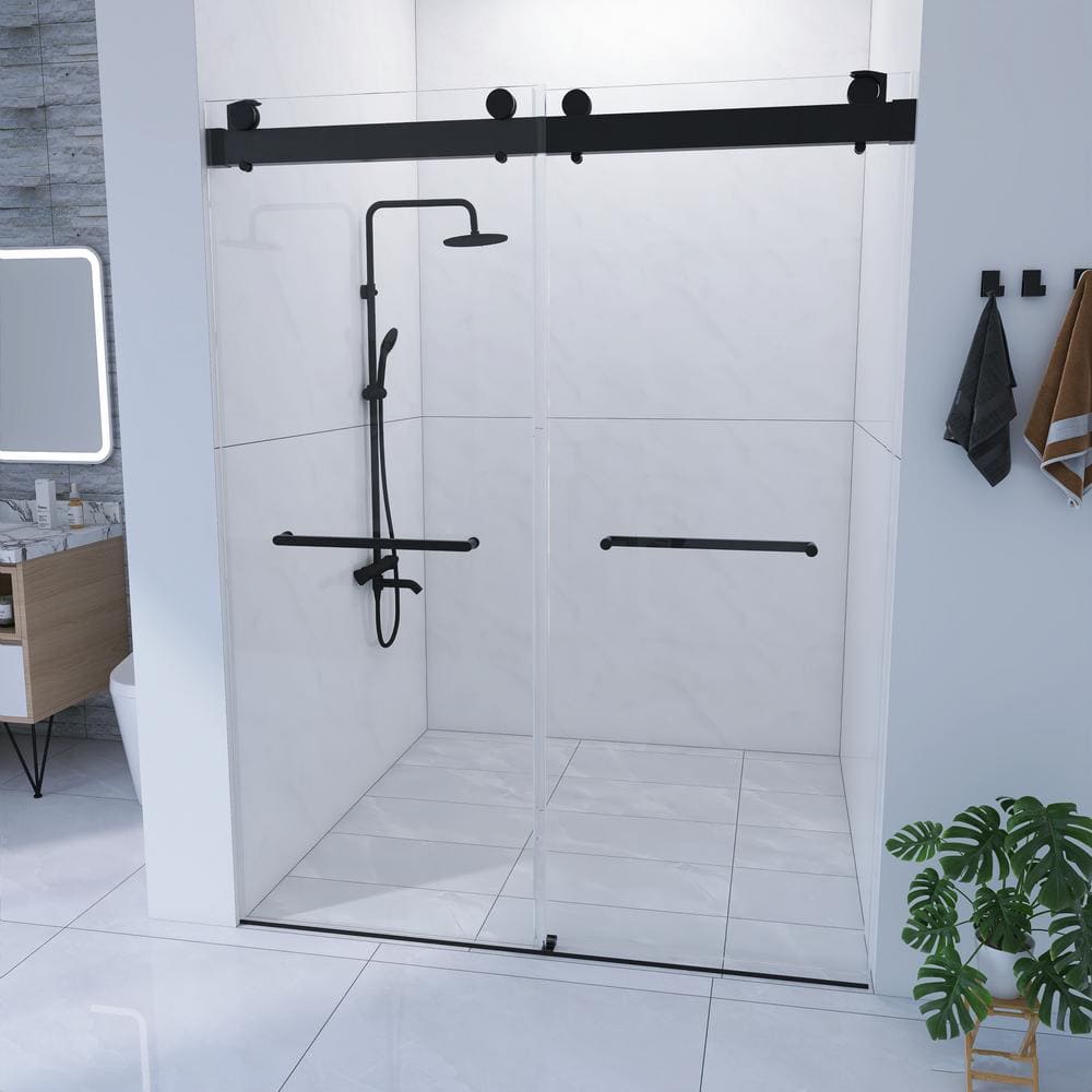 72 in. W x 79 in. H Double Sliding Frameless Shower Door in Matte Black Finish with Clear Tempered Glass