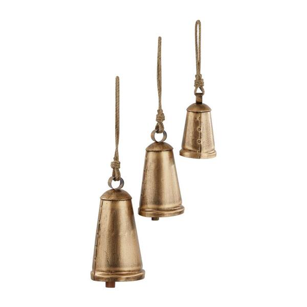 Litton Lane Silver Metal Tibetan Inspired Narrow Cone Decorative Cow Bell with Jute Hanging Rope and Rod