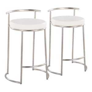 Round Fuji 31.5 in. White Faux Leather and Stainless Steel Metal Low Back Counter Height Bar Stool (Set of 2)