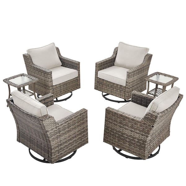6-Piece Wicker Patio Conversation Set, 4-Swivel Chairs and Side Table with Beige Cushions