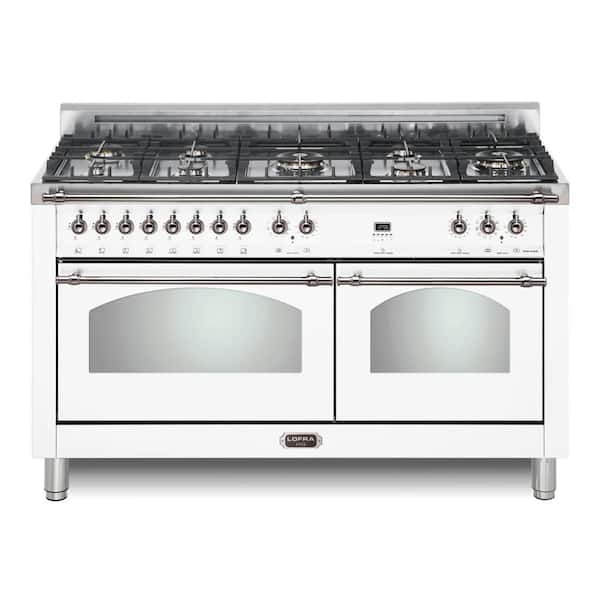 Dolcevita Series 60 in. 8 Burners Freestanding Dual Fuel Natural Gas Range in Pearl White with Chrome Trim