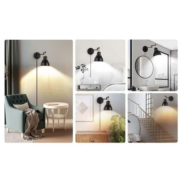 5.9 in. 2-Light Black Metal Wall Sconce with Adjustable Color Temperature, Plug-in Dimmable Wall Light (2 Pack, 2 Bulbs)