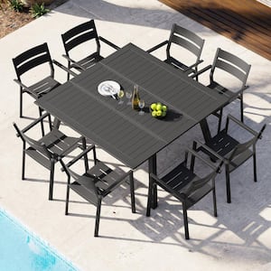 Dark Gray Expandable Aluminum Outdoor Dining Table with Chairs (Set of 9)