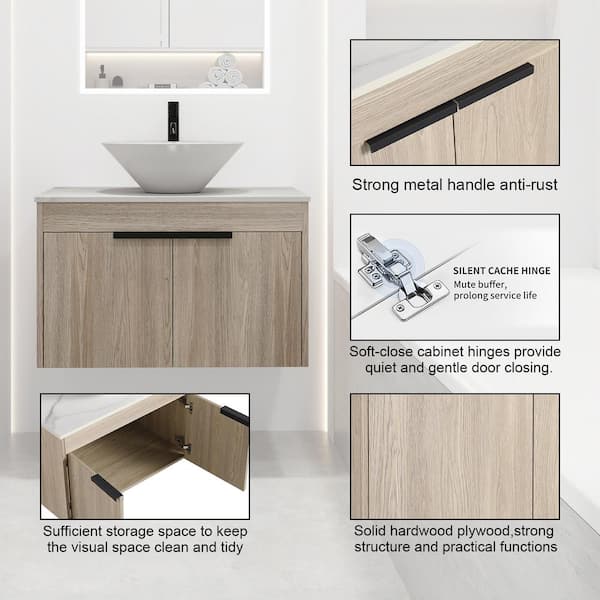 30 in. W x 19 in. D x 24 in. H Floating Bath Vanity in White Oak with White Porcelain Vanity Top in White with Sink