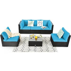6-Piece Rattan Outdoor Sectional Sofa Set Patio Furniture Set with Turquoise Cushions