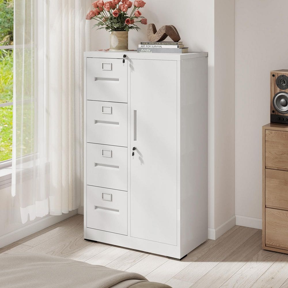 4-Drawer White Metal 30 in. W Vertical File Cabinet Lockable Storage Cabinet with Door for School, Home, Office