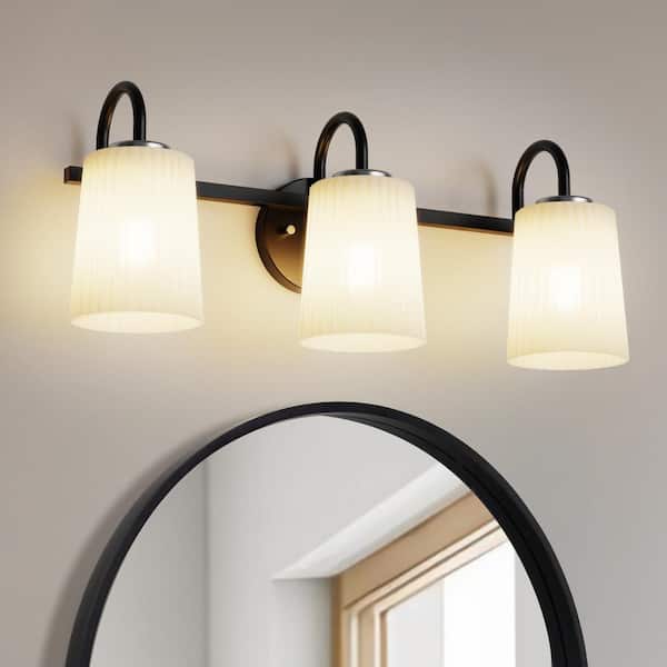 YANSUN 24 in. 3-Light Black Vanity Light with Cone White Glass Shades for Bathroom, Living Room, Entryway