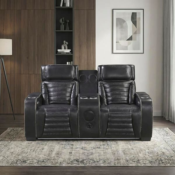Bedos 84 in. W. Pillow Top Arm Top Grain Leather Rectangle 3-Piece Power Reclining Sofa Set in Black