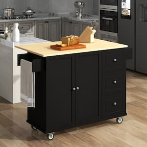 Black Kitchen Cart with Drop-Leaf Rubber Wood Tabletop