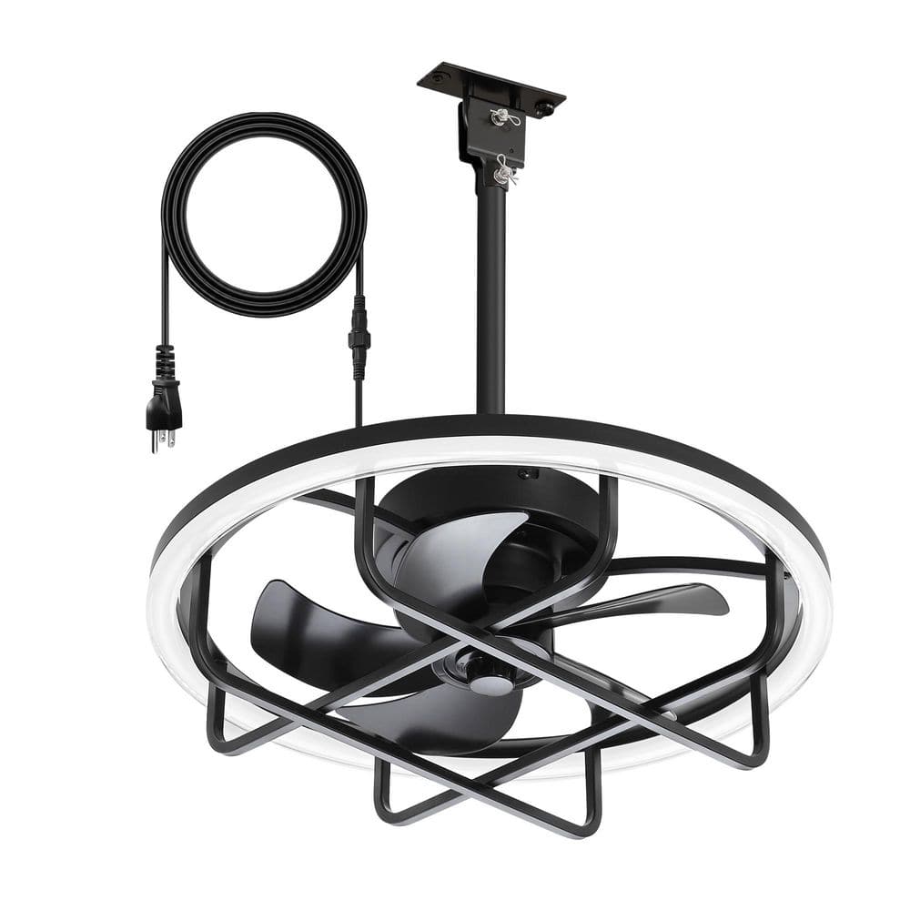 20 in. Black Standard Covered Outdoor Ceiling Fan with Dimmable LED Light, Downrod and Remote Included , Hanging Hook