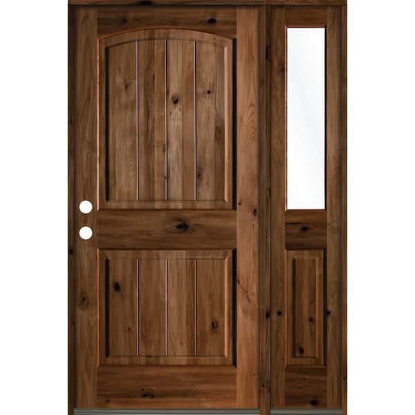 Krosswood Doors 56 in. x 80 in. Rustic knotty alder Right-Hand/Inswing Clear Glass Provincial Stain Wood Prehung Front Door with RHSL