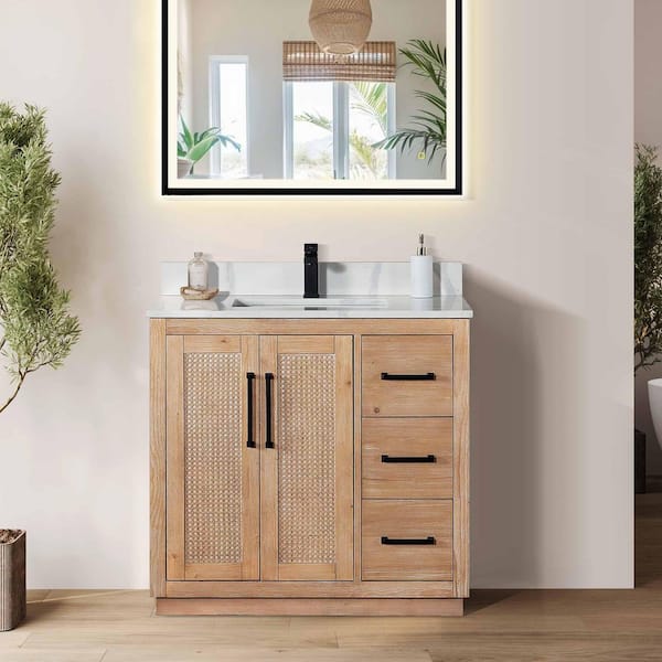 Floral 36 in. W x 22 in. D x 33 in. H Single Sink Freestanding Bath Vanity in Brown with Calacatta White Quartz Top